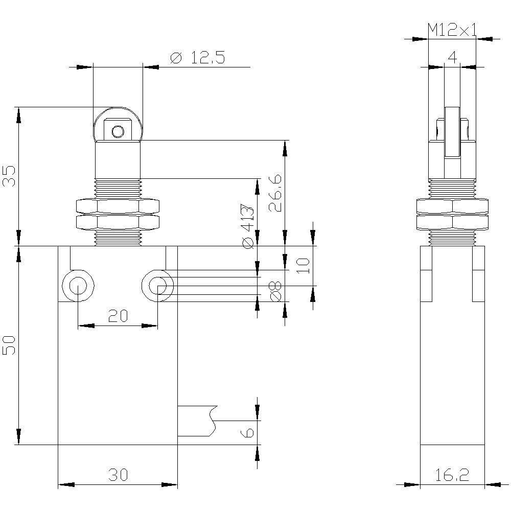 Teknisk tegning af en pneumatisk aktuator med mål: Længde 50 mm, bredde 30 mm, diameter 12,5 mm, gevind M12x1.