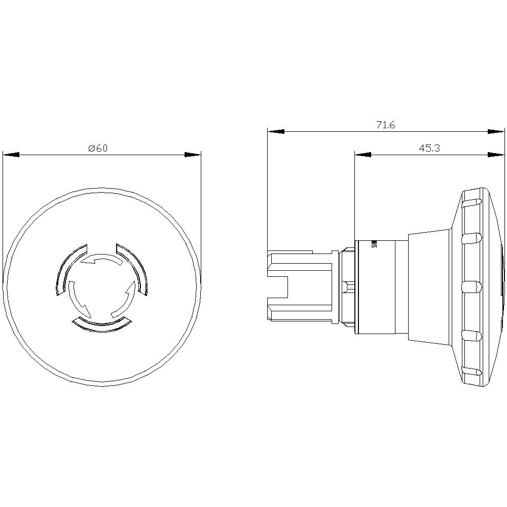 Teknisk tegning af en rund komponent med dimensioner: Ø60 mm, 71,6 mm lang, 45,3 mm bredde. Set forfra og fra siden.