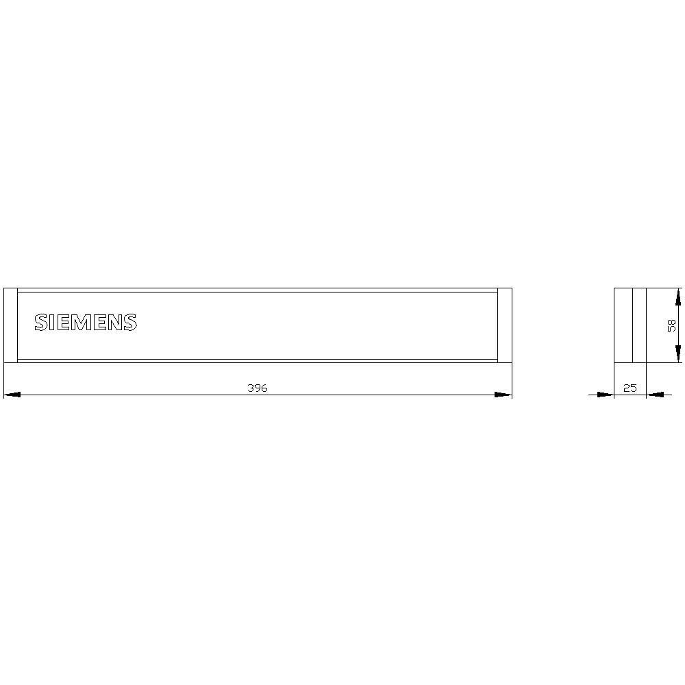 Teknisk tegning af et rektangulært Siemens-logo med dimensioner: Bredde 396 mm, højde 99 mm, dybde 25 mm.