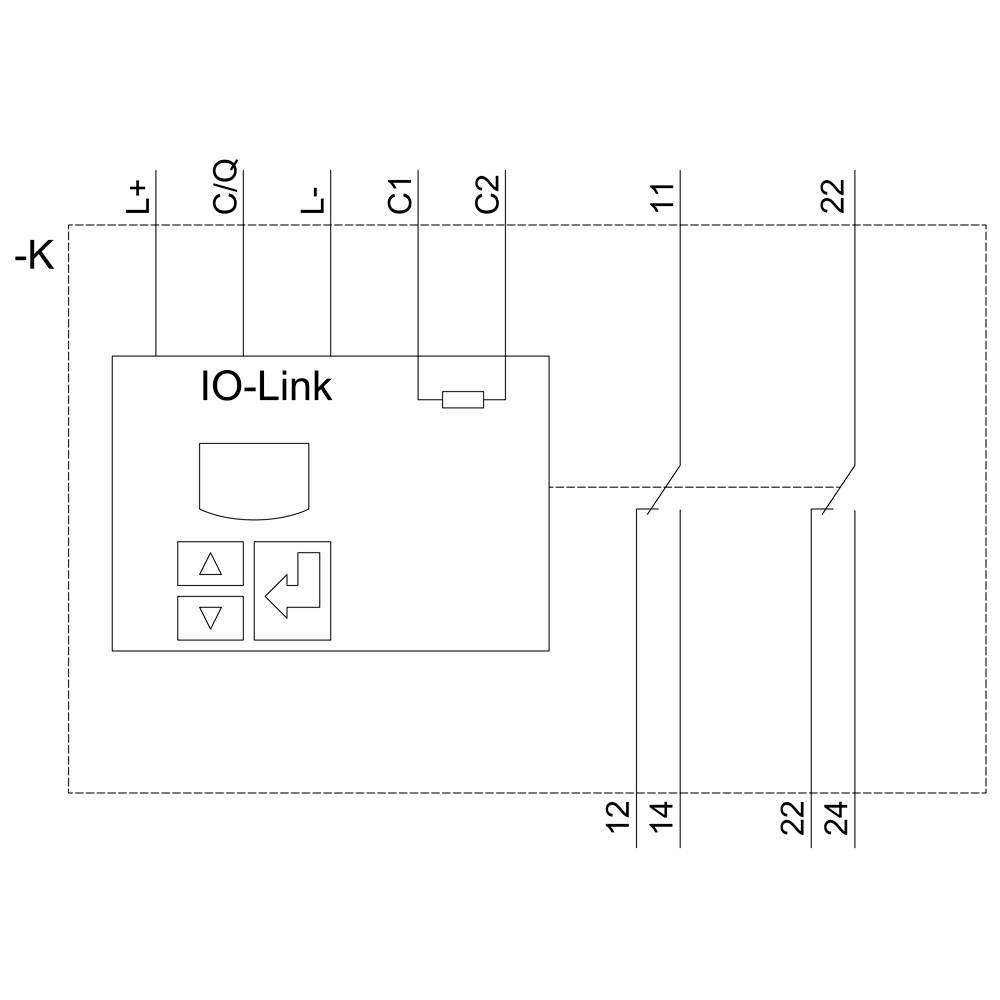 Principdiagrammet viser et IO-Link-modul med følgende tilslutninger: L+, CI/Q, C/Q, L-, C1, C2. Forbundet til klemmer: 11, 12, 14, 22, 24.