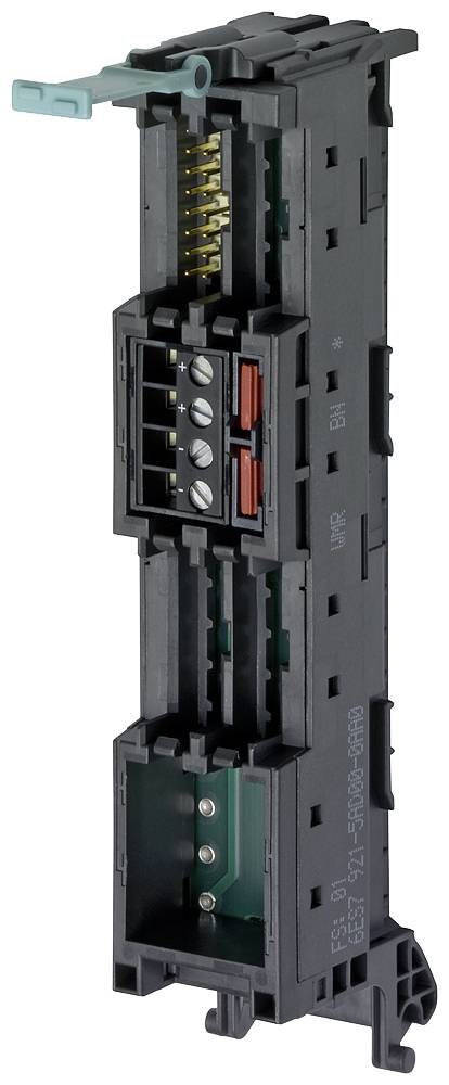 Industrielt stikmodul med tilslutninger og LED-indikator, egnet til montering i elektriske tavler.
