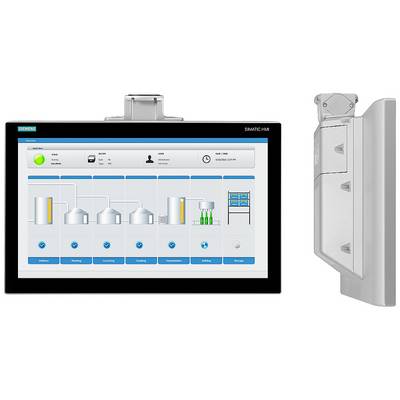 Display af en Siemens SIMATIC HMI med brugerflade til procestyring, der viser symboler for forskellige produktionsfaser.