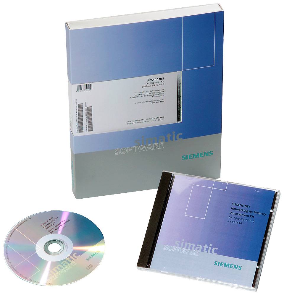 En softwareboks og CD-cover fra Siemens til SIMATIC-software, med holografisk skinnende CD, betegnet 'Operativsystem til industrien'.
