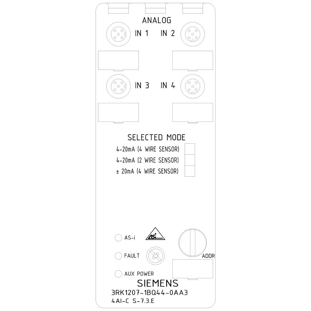 'Siemens-modul med fire analoge indgange, to modusindstillinger og fejlindikator. Tilslutningsdiagrammer til 4-20mA sensorer.'