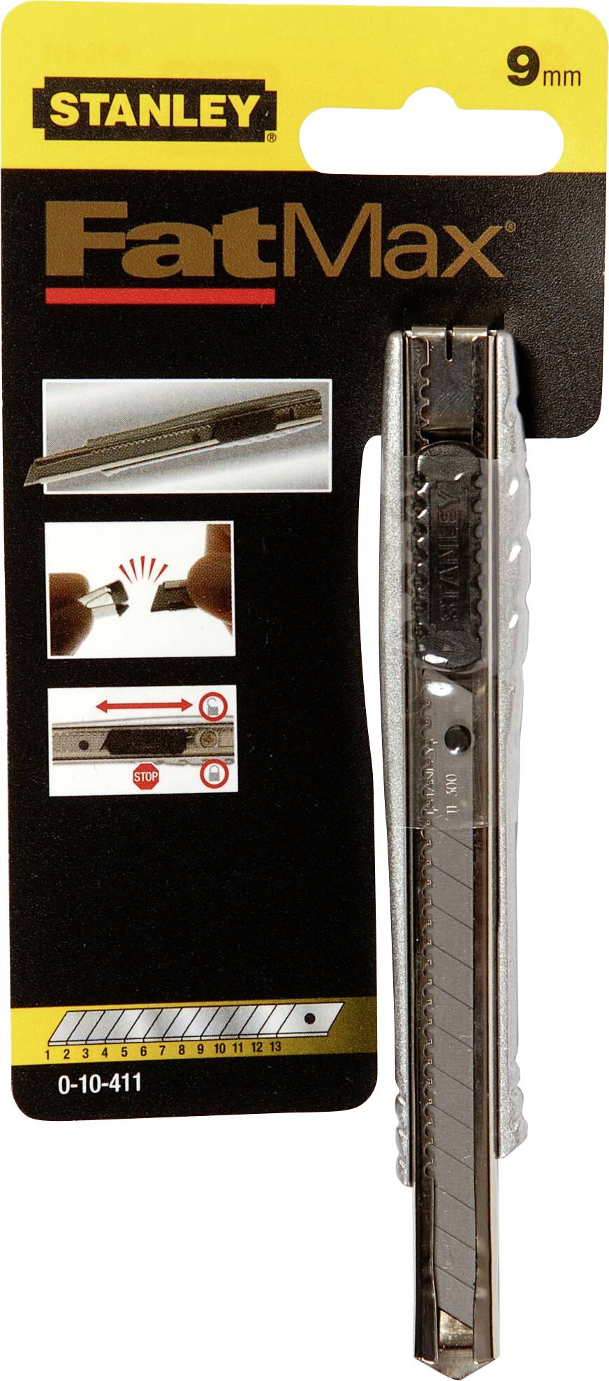 Emballage til et Stanley FatMax Universalkniv med 9 mm klinge. Billeder viser betjeningsvejledning til klingeindstilling og sikkerhedsanvisninger.