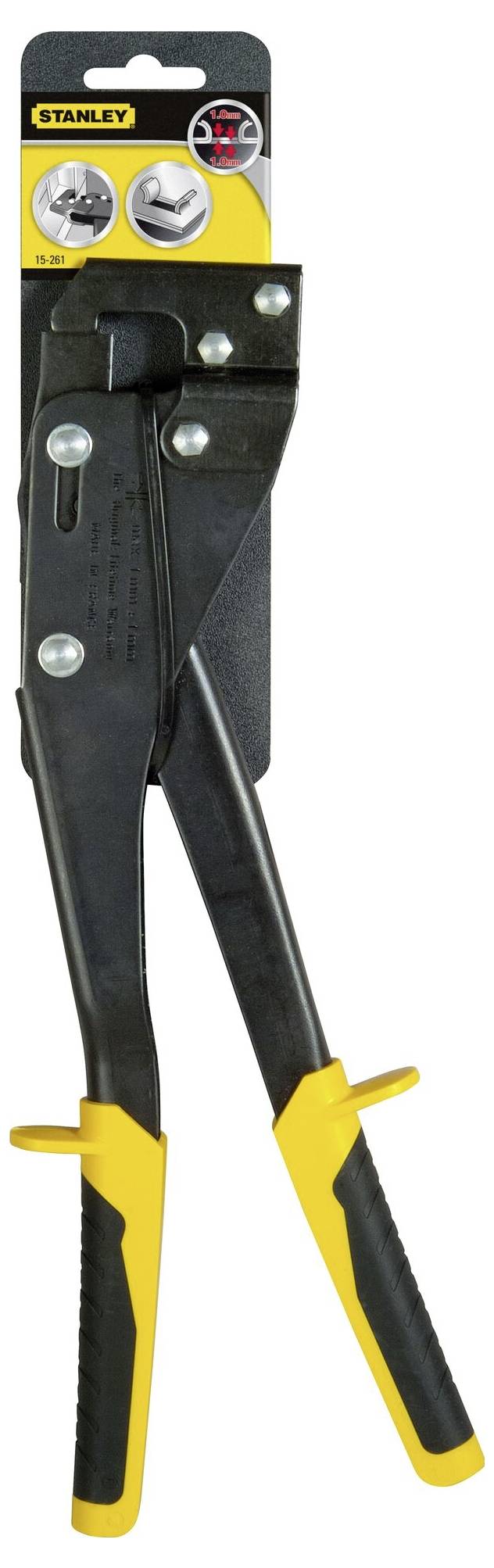 Popnittepistol fra Stanley i emballage, med sorte håndtag med gule detaljer, egnet til nittning af metalmaterialer.