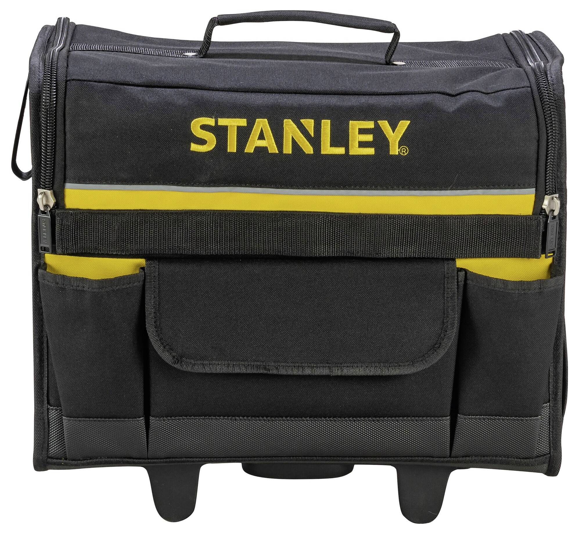 'Sort værktøjstaske med gul stribe og Stanley-logo. Flere rum og bærehåndtag.'
