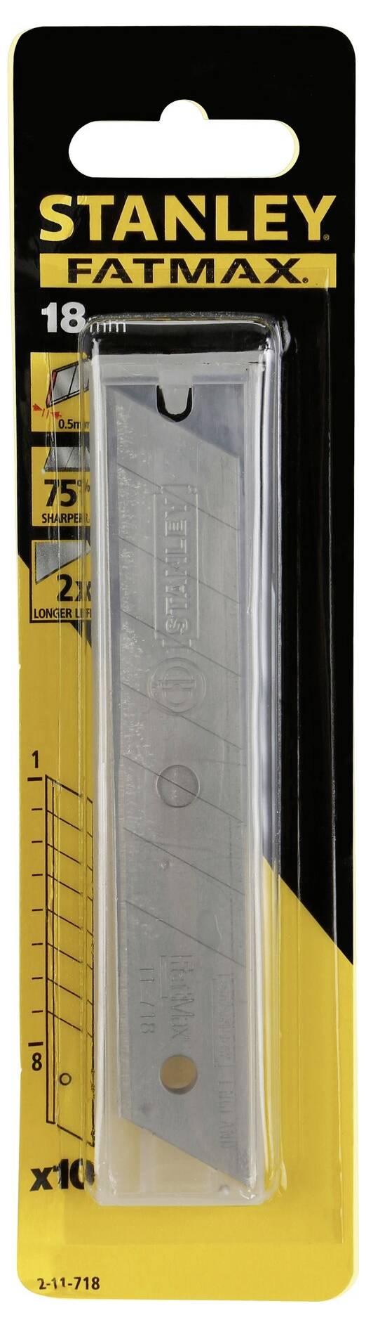Reserveblade til Stanley FatMax, 18mm, 10 stykker, pakket i gul og sort emballage. Perfekt til skæreopgaver.