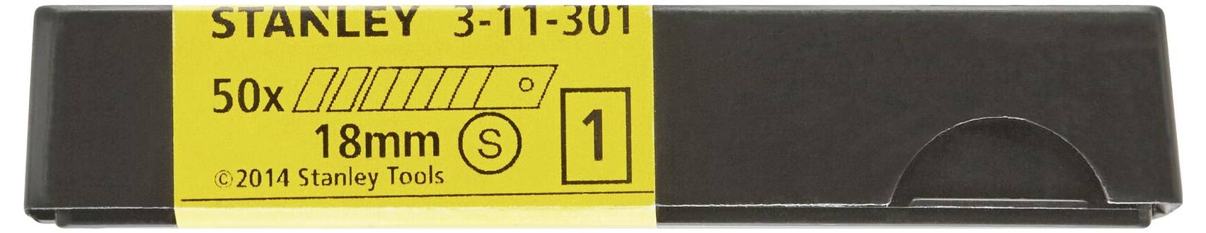 'Æske med 50 udskiftelige blade, 18 mm, fra Stanley.'