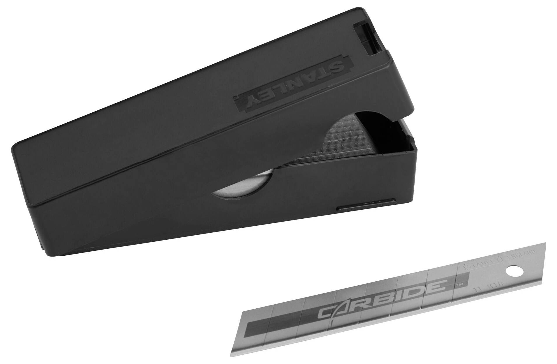 En sort kasseformet dispenser med påskriften 'STANLEY', viser et udtrukket 'CARBIDE' blad i forgrunden.