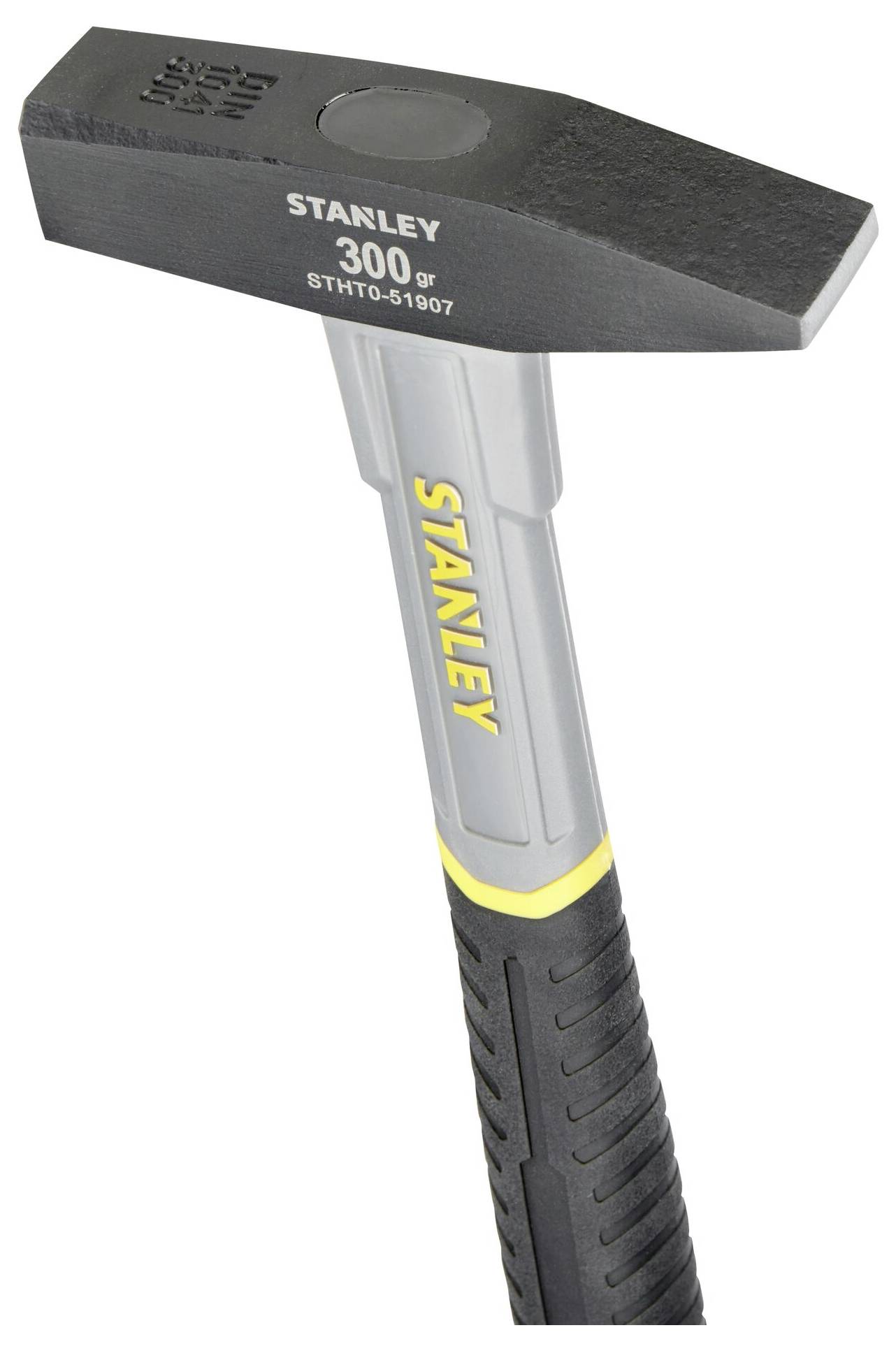 Illustration af en grå Stanley-hammer med sort hoved og gult logo.