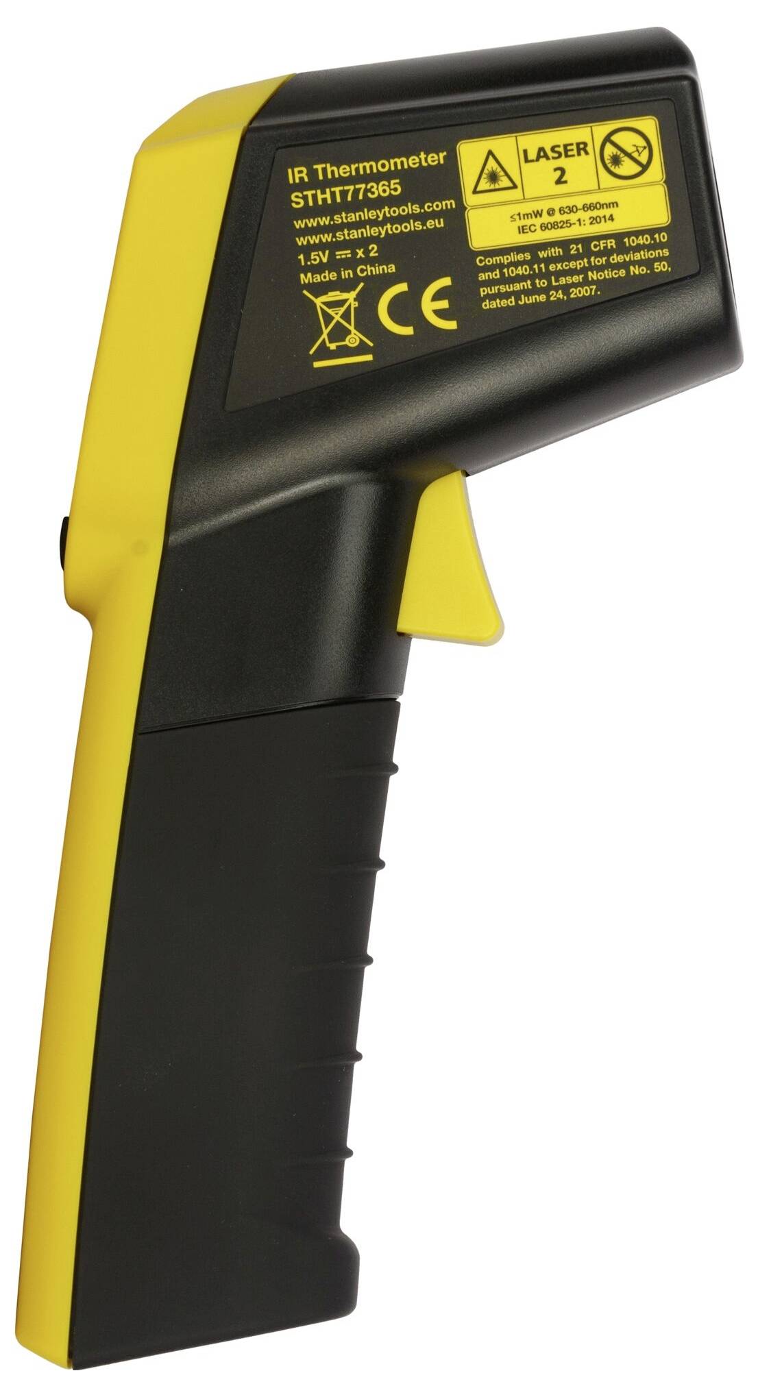 Infrarød termometer med sort og gul kabinet, Laserklasse-2-mærkning og betjeningsvejledning på bagsiden.