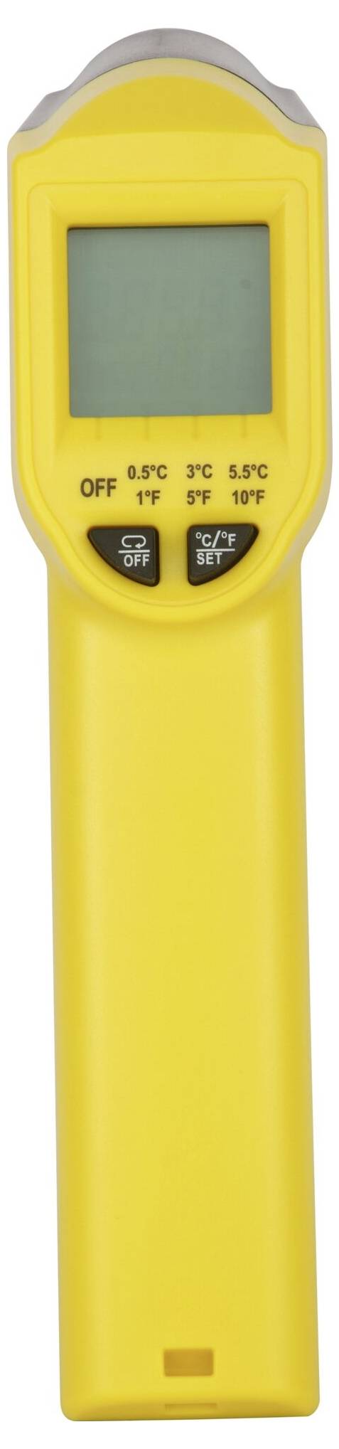 Et gult, digitalt infrarødt termometer med et display og flere betjeningstaster til temperaturmåling.