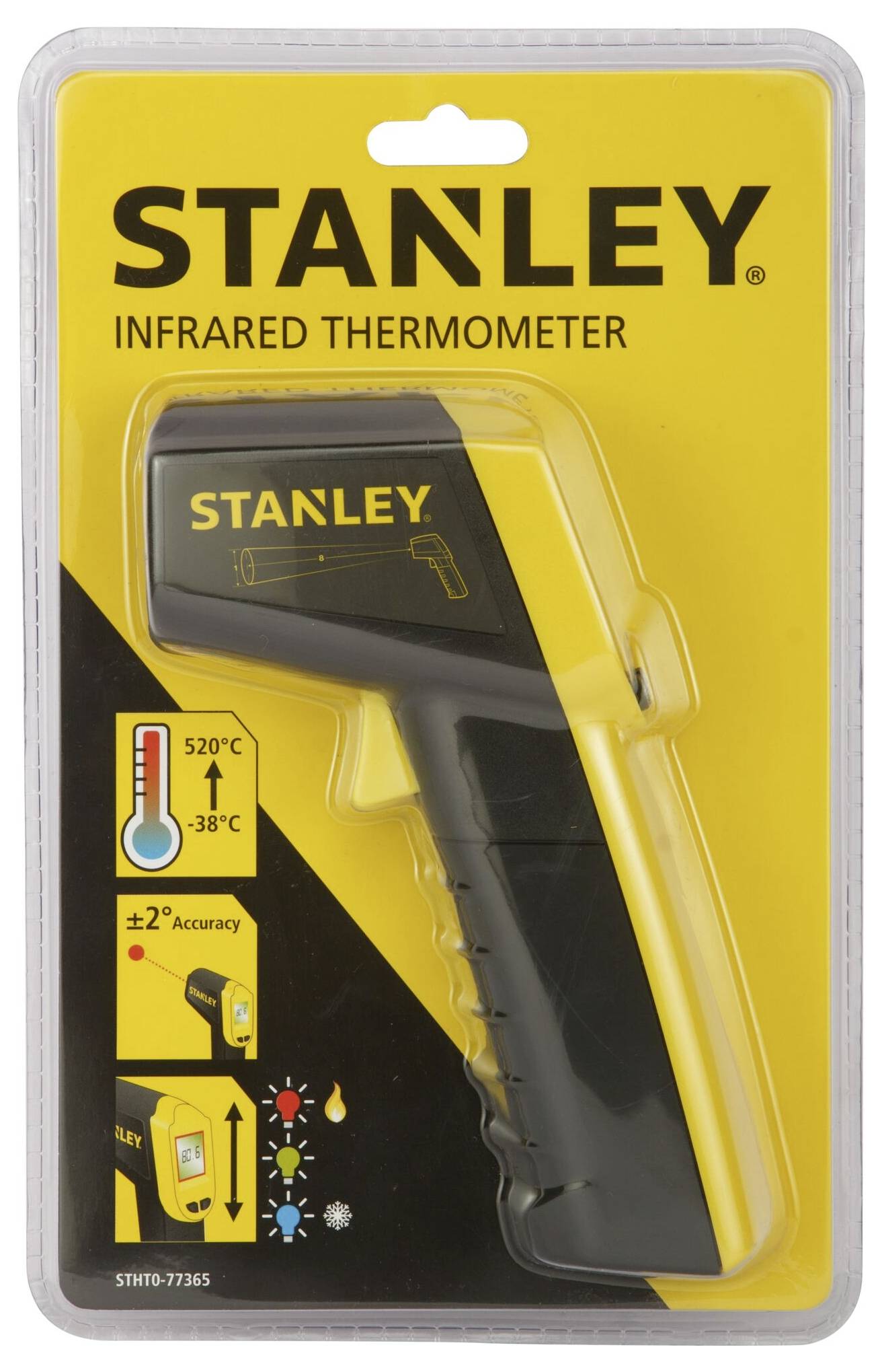 'STANLEY Infrarød-termometer' Emballage med billede af enheden, temperaturområde -38°C til 520°C, nøjagtighed ±2°C.