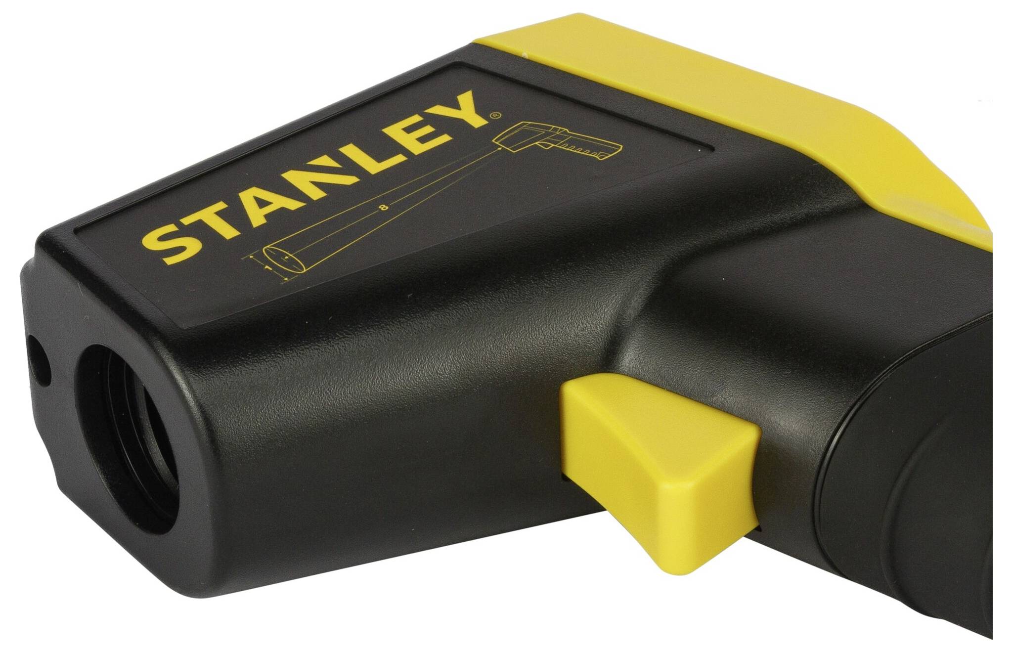 Nærbillede af en sort, L-formet genstand med gul accent og 'STANLEY'-logo på. Det er et værktøj.