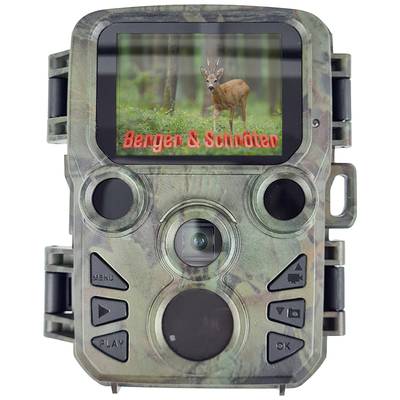 Jagtkamera med display viser en hjort i skoven og teksten 'Berger & Schnöter'. Perfekt til vildtobservation. Camouflage-design.