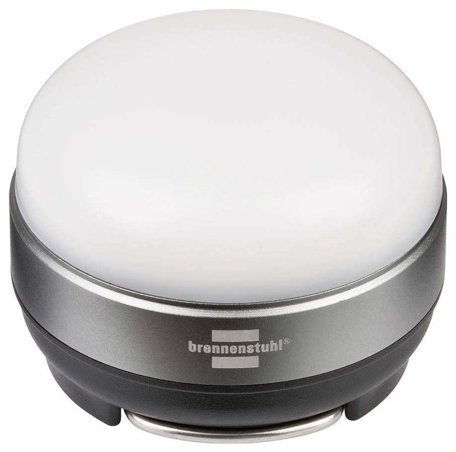 Bærbar LED-lanterne med hvidt kupoltopp og sort-og-sølv base, mærket 'brennenstuhl'.