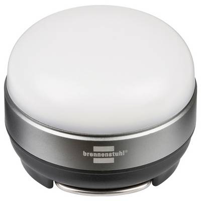 Bærbar LED-lanterne med hvidt kupoltopp og sort-og-sølv base, mærket 'brennenstuhl'.
