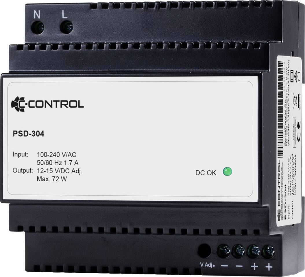 Et elektronisk styringsmodul fra E-Control, model PSD-304. Input: 100-240 V/AC, output: 12-15 VDC. Display: 'DC OK'.