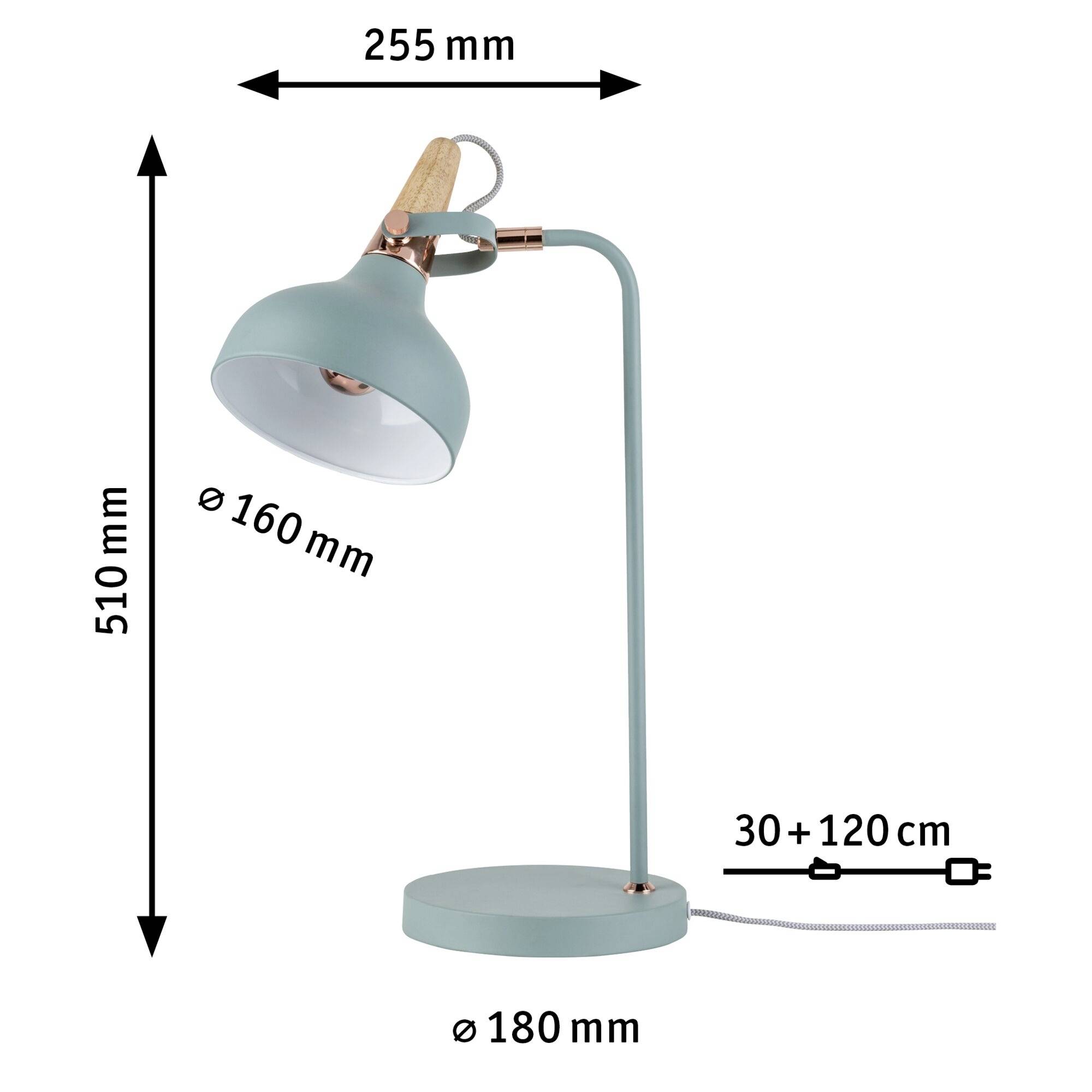 Standerlampe med blå svingbar lyskilde, træ- og kobberdetaljer. Højde: 510 mm, ledningslængde: 150 cm, basediameter: 180 mm.