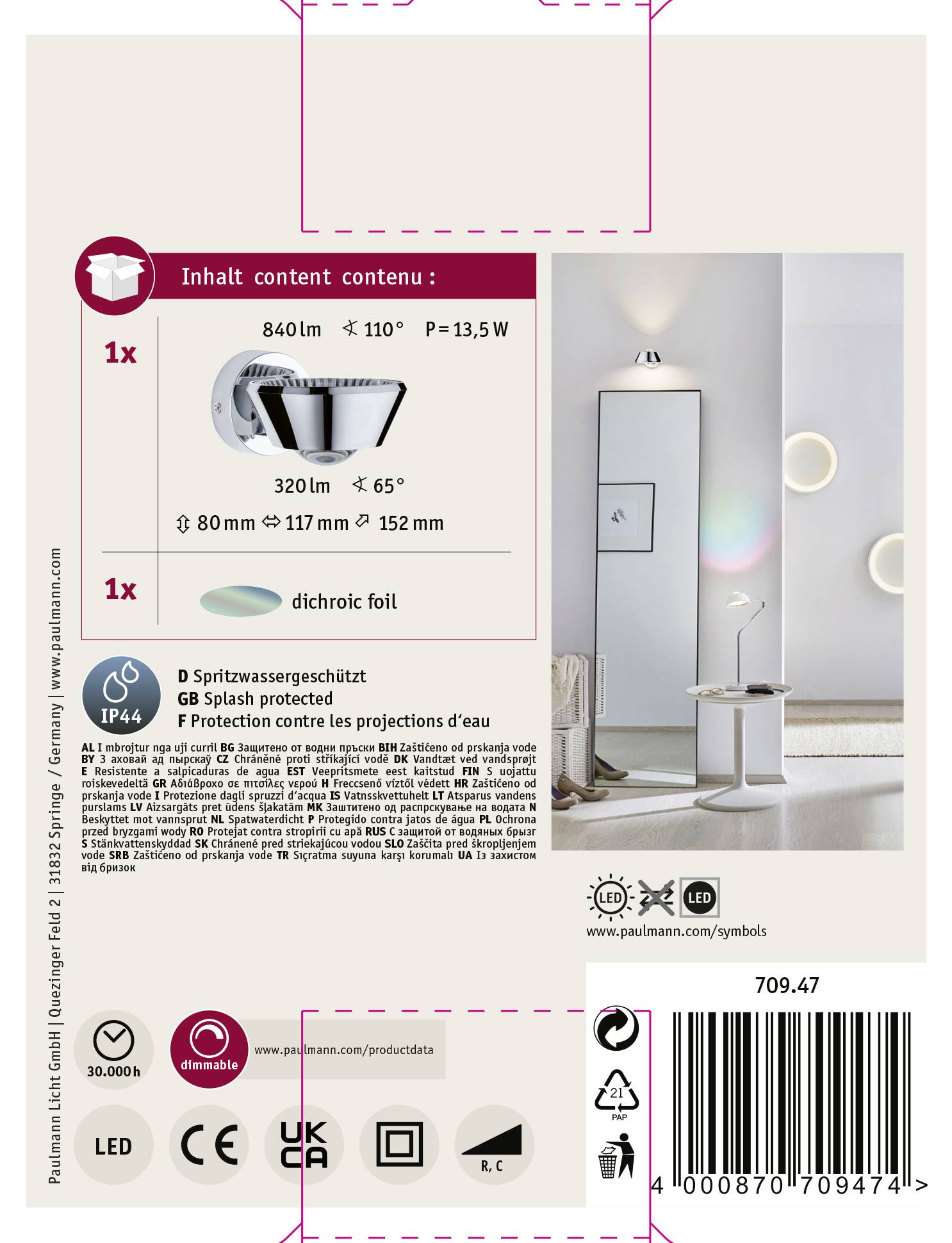 Paulmann LED-væglampe, med stænkvandsbeskyttelse, 13,5W effekt, 840 lm lysstyrke. Egnet til indendørs rum, moderne design.