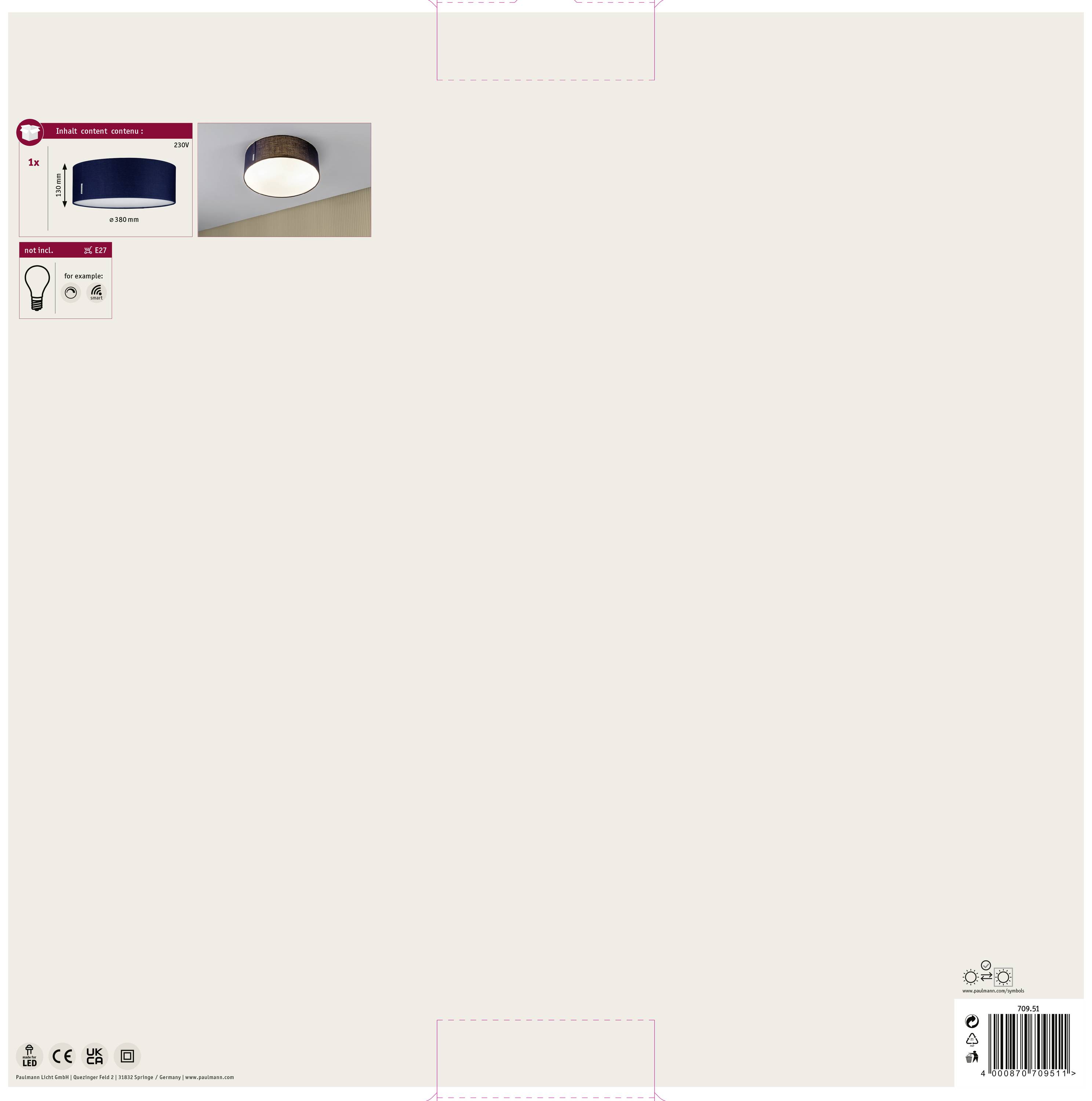 Loftslampe i træ med cirkelformet, hvid skærm. Energieffektiv, typisk anvendt i beboelsesrum. Strømbesparende.