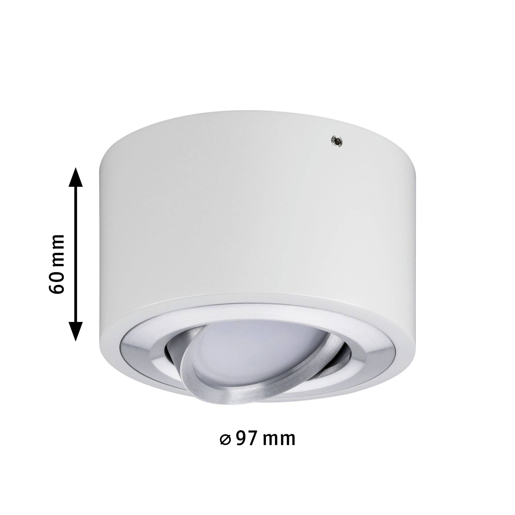 Hvid cylinderformet loftslampe med justerbar lyskegle, diameter 97 mm, højde 60 mm.