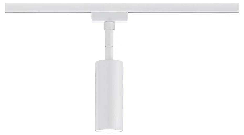 Enkelt cylindrisk loftlampe i hvid farve monteret på en skinne; moderne og minimalistisk designet.