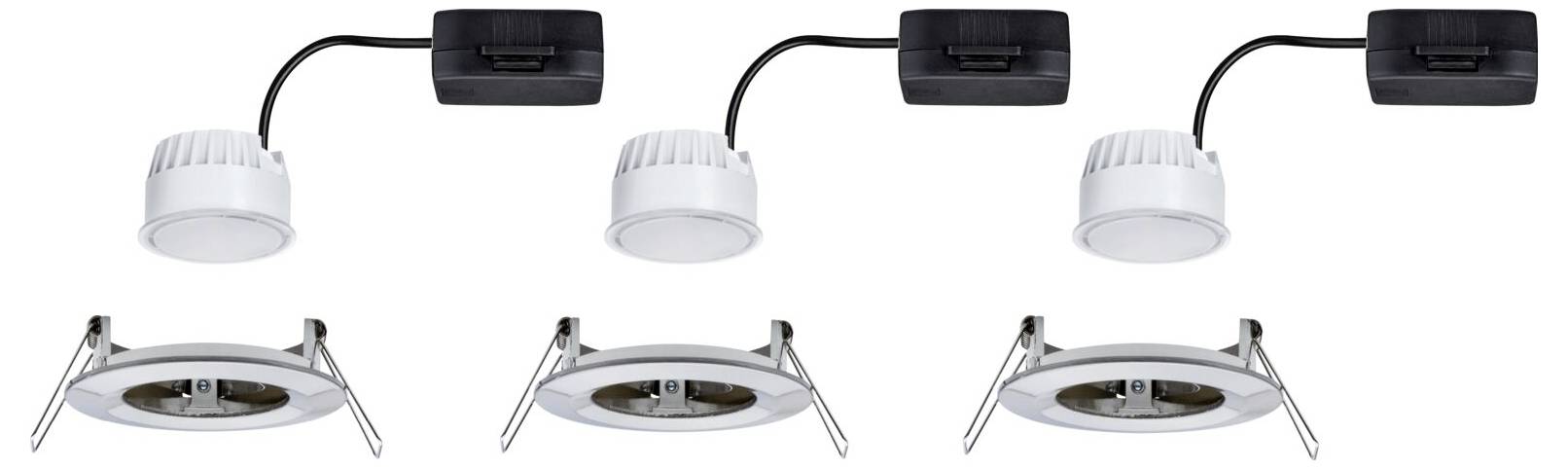 Tre LED-indbygningsspot med sorte forbindelsesdåser, vist fra to perspektiver: set fra siden og set nedefra.