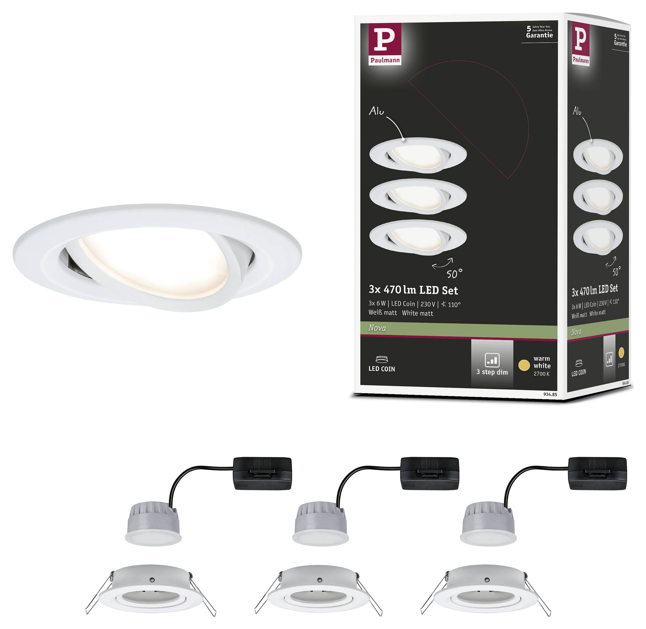 Et sæt på tre hvide LED-indbygningsspots, 470 lumen pr. lampe, 5,2 watt, med svingbart design. Emballagen viser produktdetaljer.