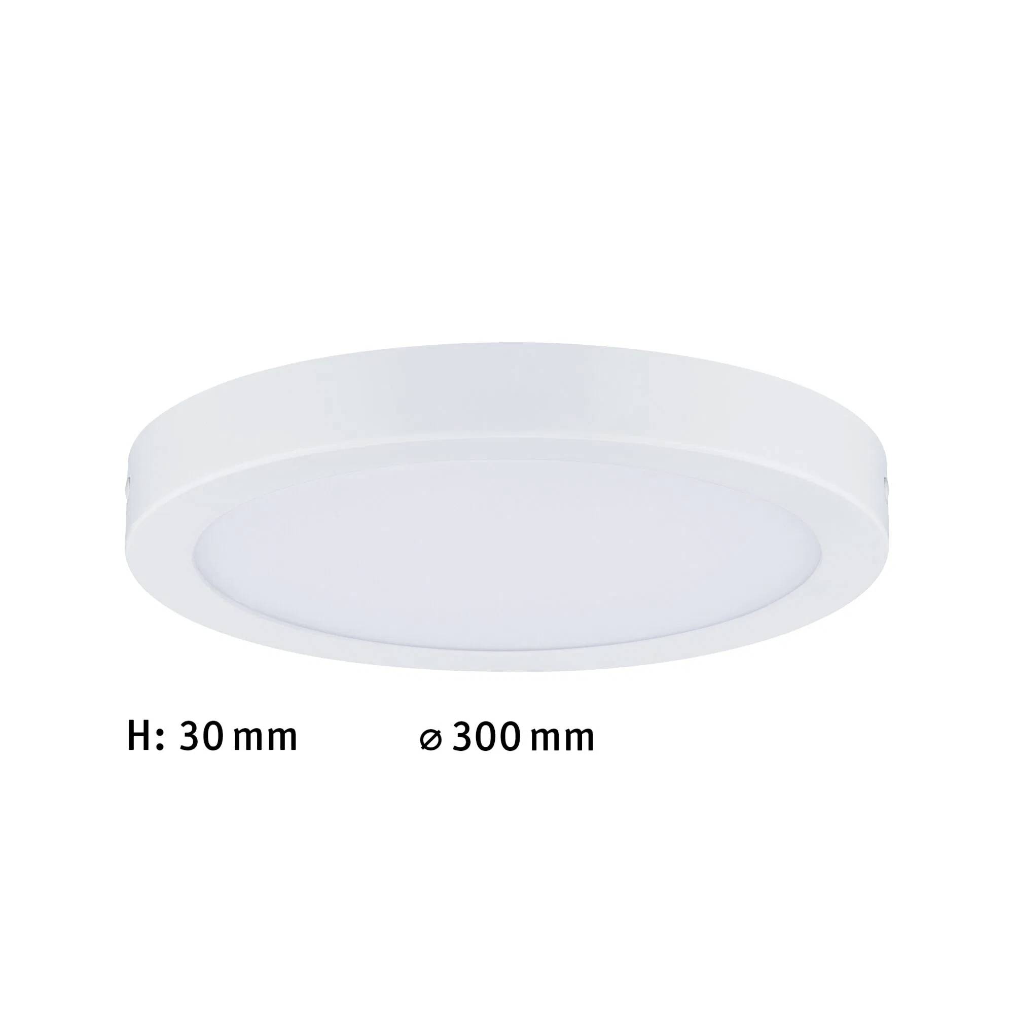En rund, hvid, LED-loftlampe med dimensioner angivet som 30 mm i højde og 300 mm i diameter.
