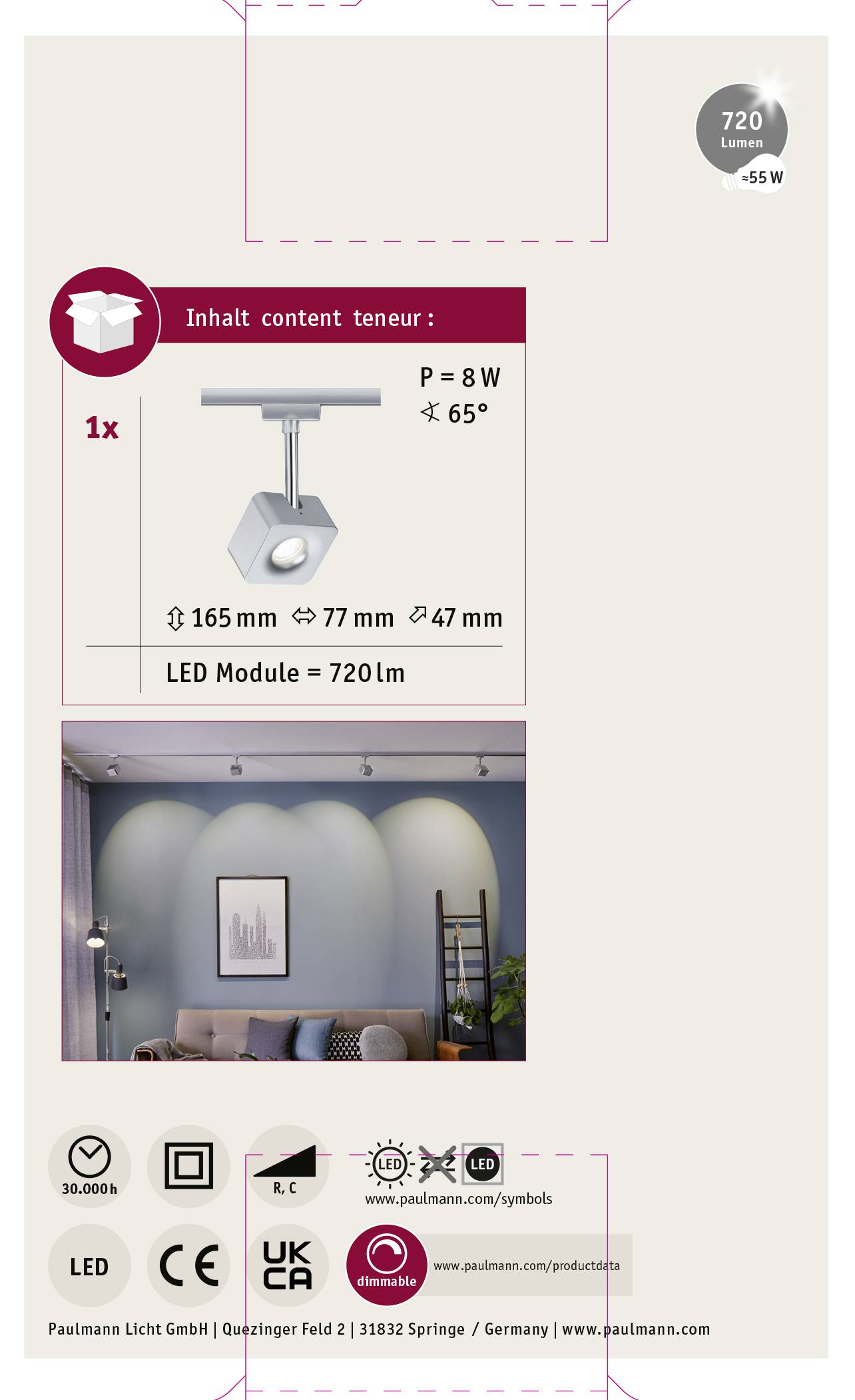 Lampe med justerbart hoved, 8W effekt, lysstyrke på 720 lm. Egnet til loftsmontering. Inkluderer installationsvejledning.