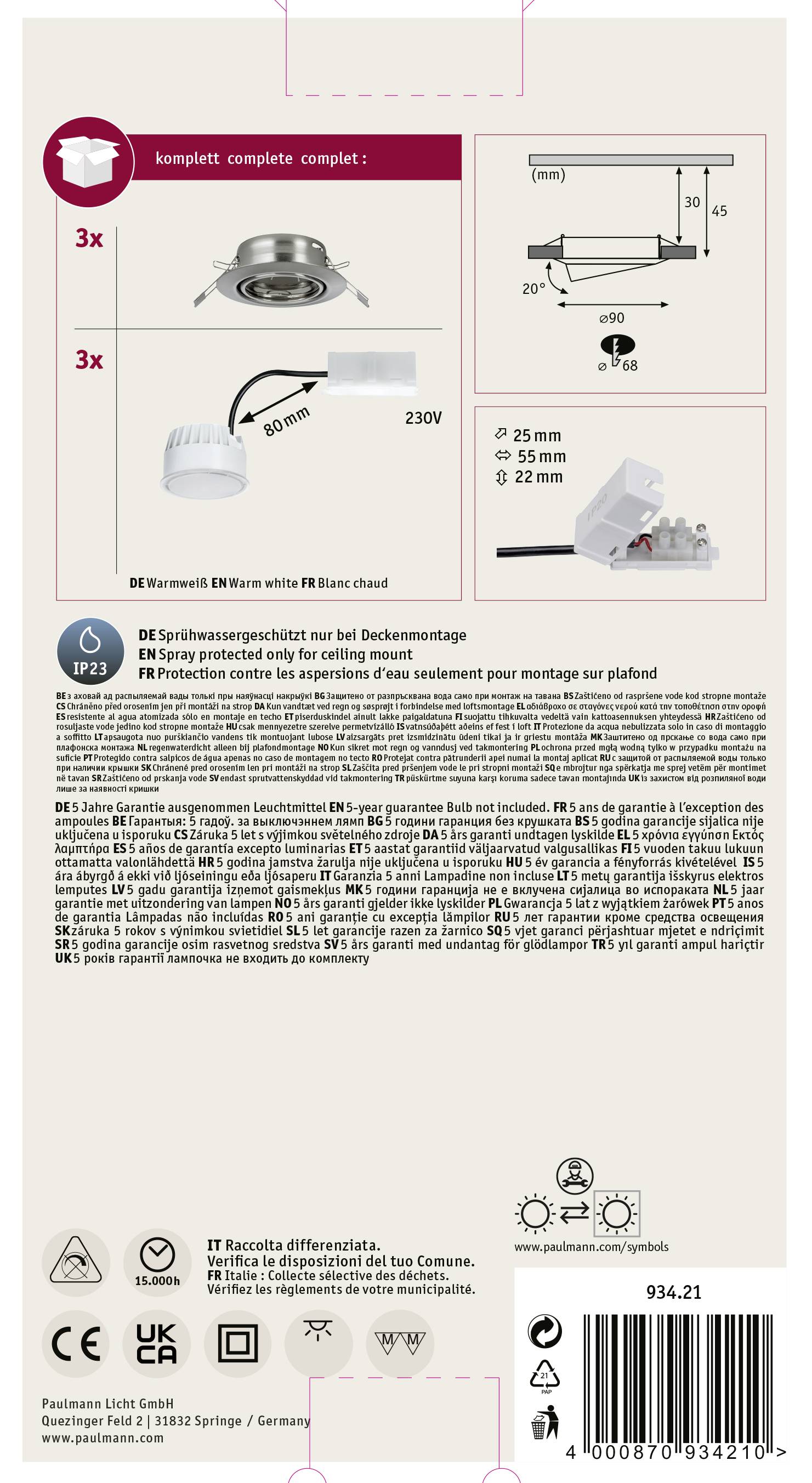 Beskrivelse af en LED-indbygningsspot i loftet med 3 styk, 230V, beskyttelsesgrad IP23. Inklusive borehulsmål og sikkerhedsinformationer.