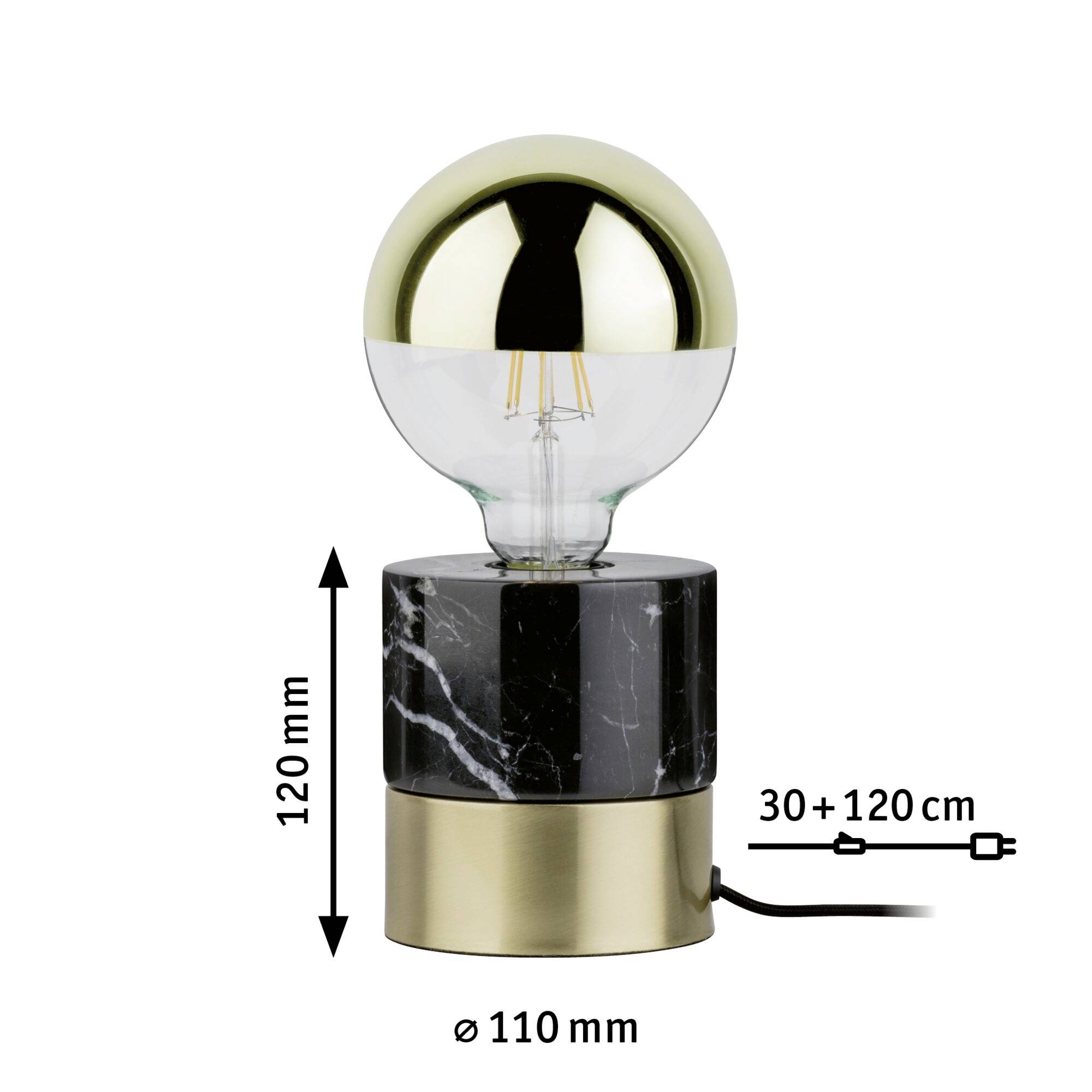 Bordlampe med gylden glaskuppel, sort marmorbase og gylden fod, højde 120 mm, diameter 110 mm, ledningslængde 150 cm.