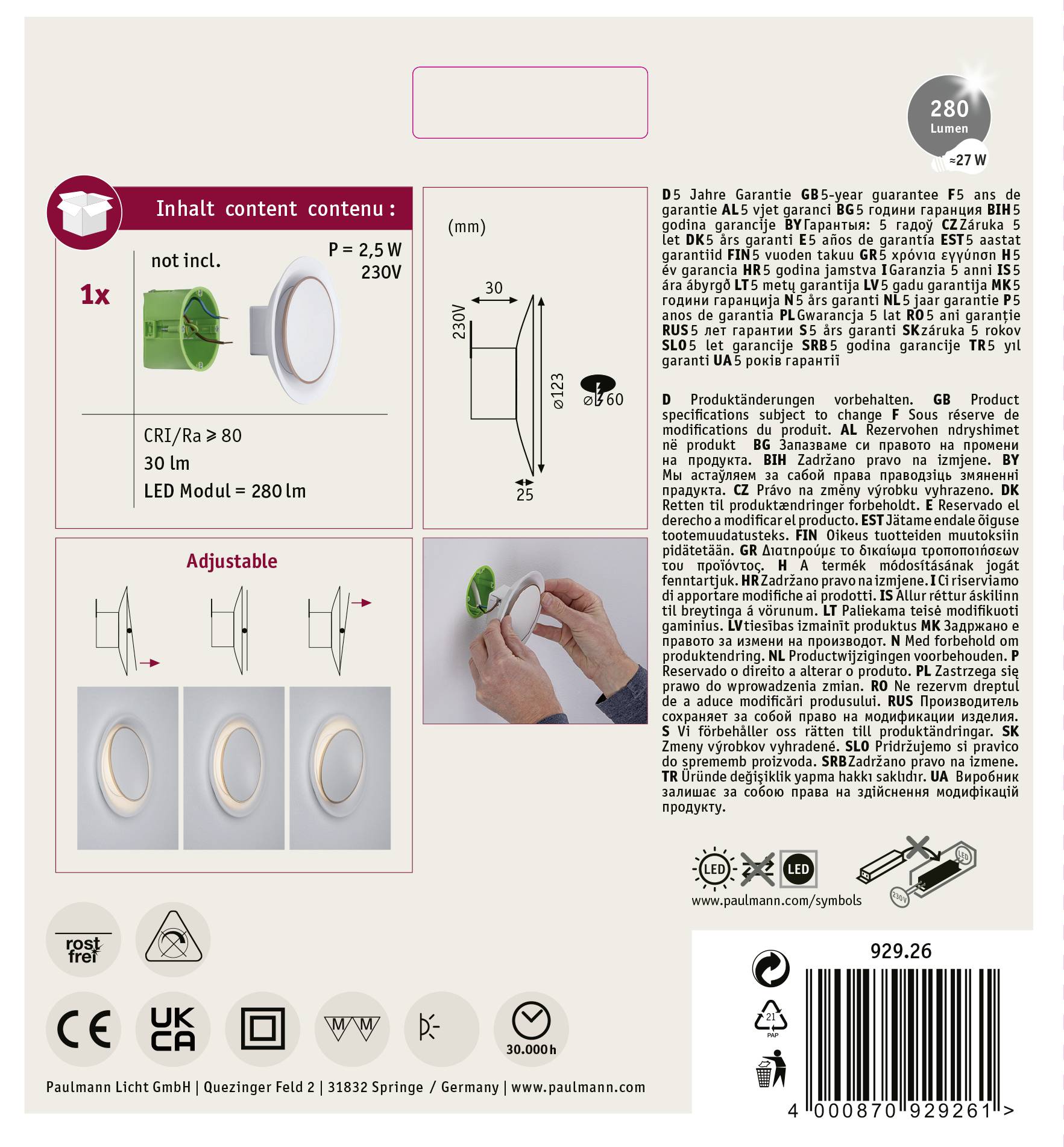 LED modul med 280 lumen, 2,5 W, 230 V. CRI/Ra ≥ 80, 30 lm/W. Monteringsvejledning og justerbare detaljer vist. 5 års garanti.