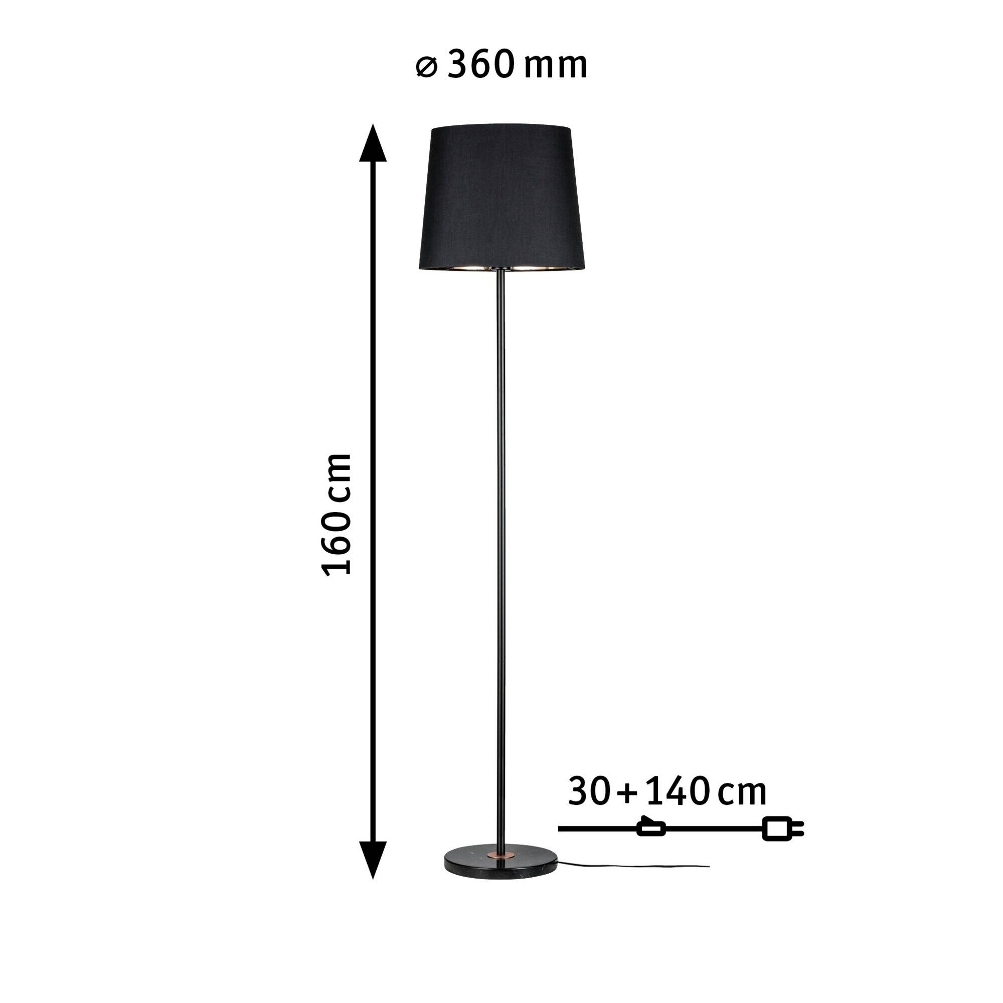 Gulvlampe med sort lampeskærm, højde 160 cm, skærmdiameter 360 mm. Strømkabel 170 cm langt.