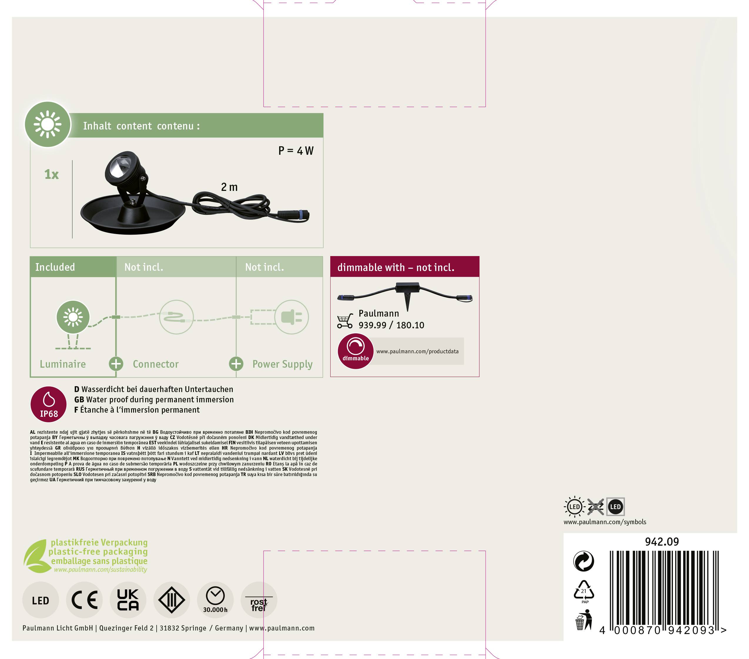 En emballage til et LED-produkt med angivelser af medfølgende tilbehør, effekt (4W), energiklasse (G), dimensioner, logoer og advarsler.