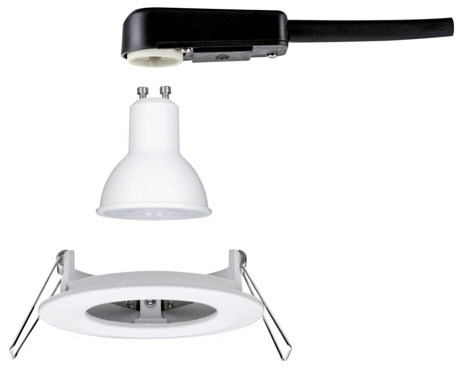 LED-loftslampe i adskilt stand med udtrækbare beslag, GU10-fatning og fastmonteret kabel, klar til installation.