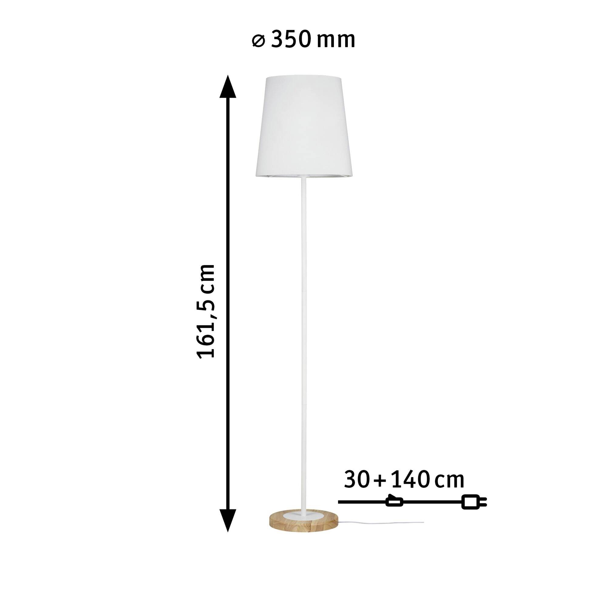 Gulvlampe med hvid skærm, højde 161,5 cm, skærmdiameter 350 mm, ledningslængde 170 cm, rund træbase.