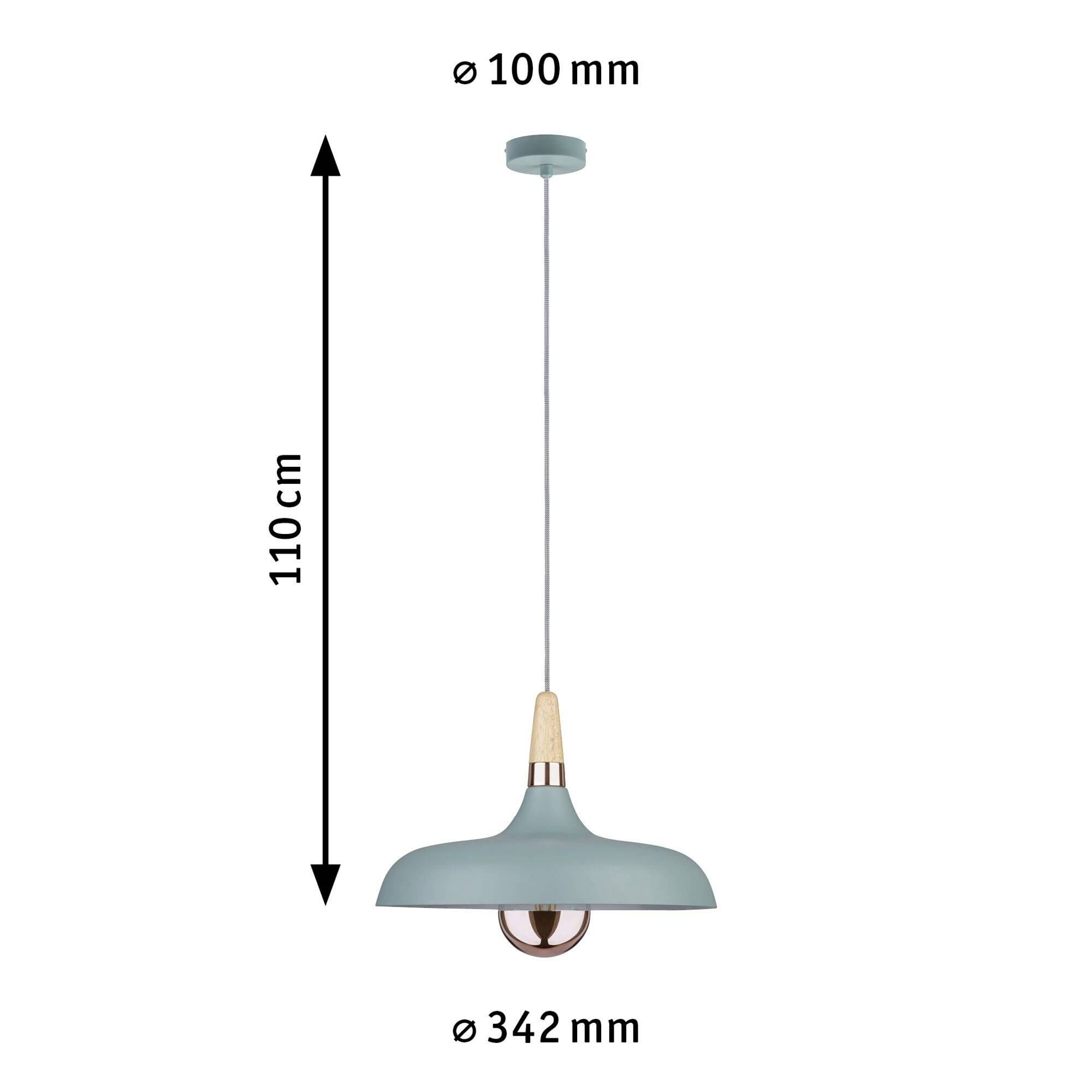 Pendantlampe, 110 cm høj, med en skærmdiameter på 342 mm og en loftholder med en diameter på 100 mm.