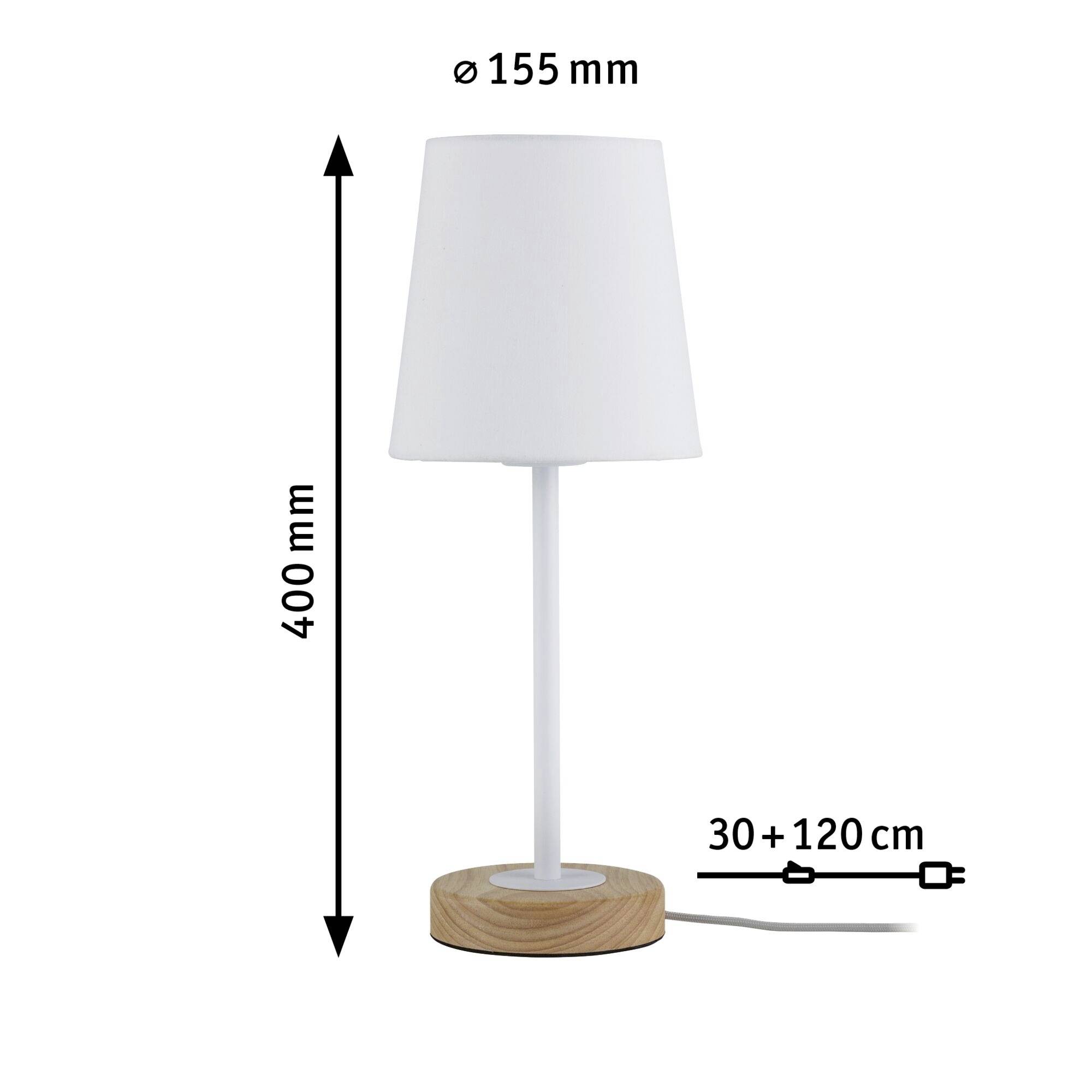 En bordlampe med hvid skærm og træfarvet fod er 400 mm høj og har en skærmdiameter på 155 mm. Ledning: 30 + 120 cm.