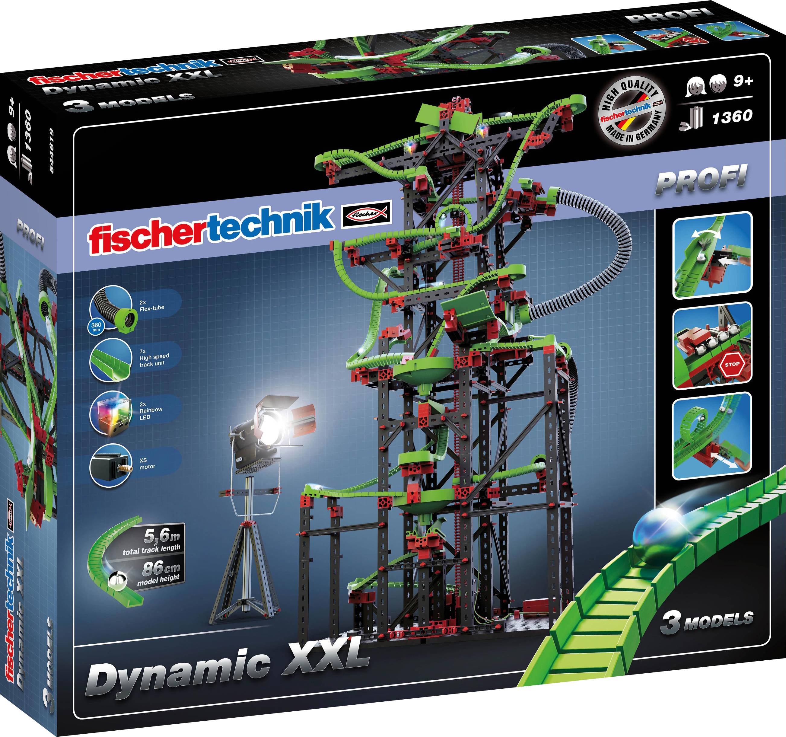 Byggesæt fra mærket fischertechnik til konstruktion af en kuglebane. Anbefalet fra 9 år, indeholder 1360 dele til at bygge 3 modeller.