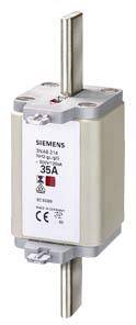 Siemens NH-sikringsindsats, 35A, med metalcontakter og plastkappe, anvendt i elektriske styresystemer.