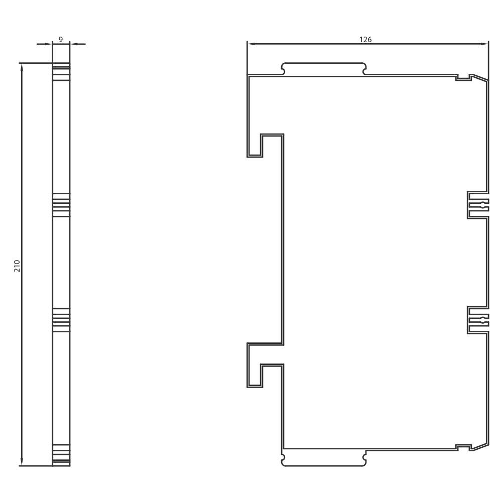 Teknisk tegning af et tværsnit med dimensionerne 9 mm x 210 mm og 126 mm bredde. Viser detaljerede konturer og kanter.