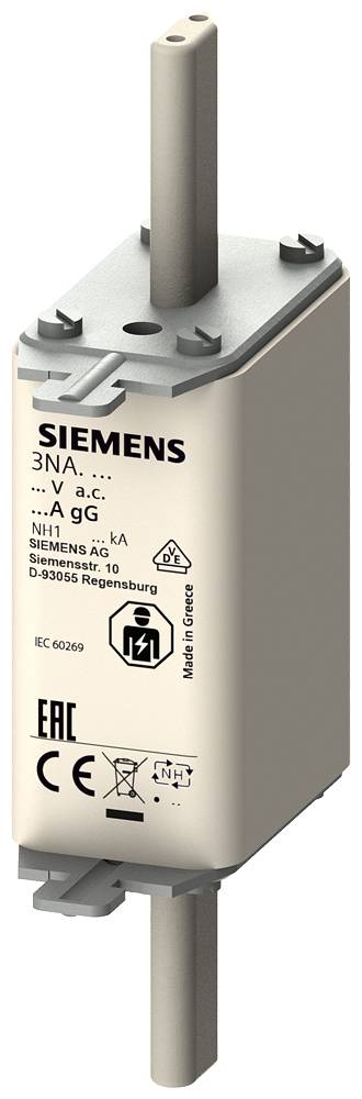 Sikringsindsats fra Siemens, model 3NA, med tekniske specifikationer og CE-mærkning. Primært til elektriske anvendelser.