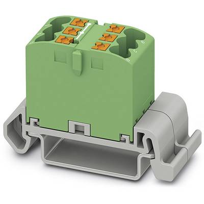 En grøn elektrisk tilslutningsenhed på et grå beslag, med flere tilslutningsklemmer, til industrielle anvendelser.