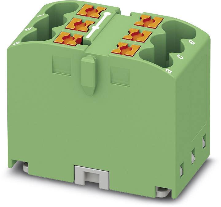 Grøn, rektangulær elektronisk komponent med orange klemtilslutninger. Forbinder elektriske ledninger i en strømkreds.
