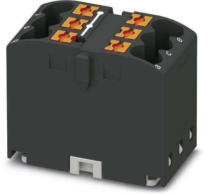Sort stikdåse med orange klemmer. Egnet til ledningsføring af elektriske enheder.