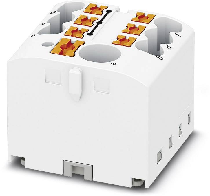 En hvid elektrisk forbindelsesblok med orange klemmer. Oversiden viser bogstaverne a til e for forskellige tilslutninger.