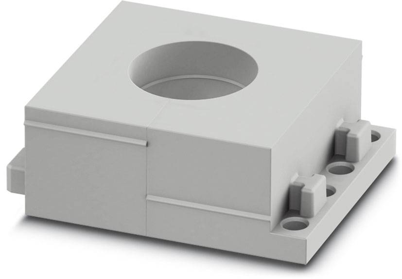 En grå, rektangulær plastikblok med et rundt hul i midten. På den ene side ses flere små hulrum til stifter.